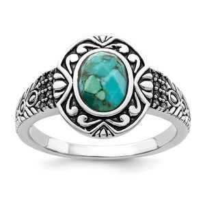 925 Sterling Silver Rhodium-plated Oxidized Faceted Recon. Turquoise Ring